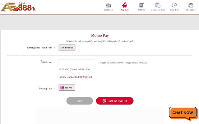 Biểu mẫu nạp tiền bằng MOMO Pay